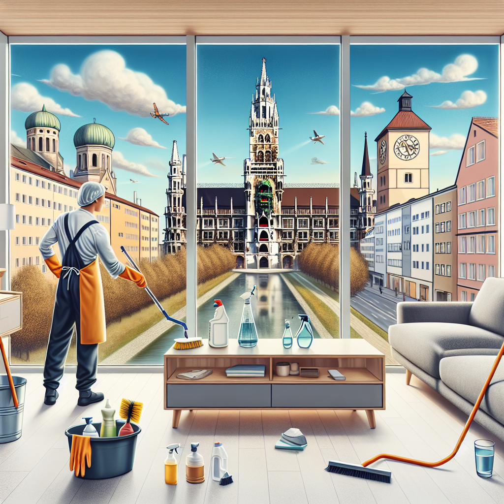 A professional cleaning service taking place in Munich, Germany, to effortlessly save the deposit through proficient move-out cleaning. Paint the scene with cleaning tools meticulously at work in an empty apartment, ready for its next tenants. Include a view of a clean, structured kitchen and living room, sparkling bathroom, and dust-free bedroom. Outside a window, include a cityscape indicative of Munich, such as traditional German architecture and the serene River Isar.