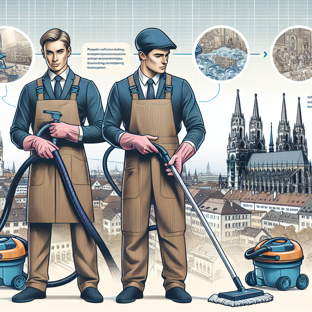 An illustrative image showcasing a professional deep cleaning process in Munich. Depict a cityscape of Munich in the background with architectural wonders such as cathedrals and old buildings. In the foreground, draw Caucasian and Middle-Eastern cleaners in uniform, equipped with deep cleaning tools like mops, vacuum cleaners, and wearing gloves. They should be engaged in the act of cleaning with a look of expertise and ease on their faces. Overlay the image with infographic elements, such as bubbly captions providing insights into deep cleaning methods and benefits.