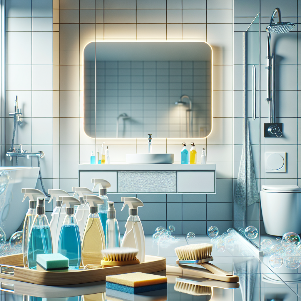 Imagine a brightly lit modern bathroom with white ceramic tiles on the walls and floors. A mirror with a polished steel frame hangs over a sleek, spotless sink. A variety of cleaning products are aesthetically arranged on a wooden tray by the sink, including clear spray bottles filled with blue and yellow liquids, a brush with stiff bristles, and microfiber cloths. Bubbles and foam are visible on the surfaces, indicating the ongoing cleaning process. Major elements: bathtub, toilet bowl, sink, shower cubicle all are pristinely clean. The overall image conveys the idea of hygiene, cleanliness, and ease of maintenance.