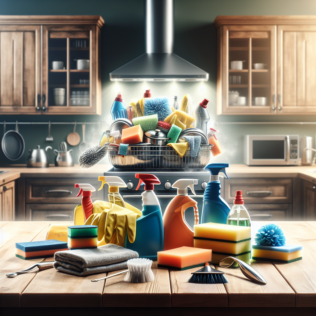 Create an image depicting a spotless and organized kitchen. In the foreground, showcase a variety of cleaning products and tools such as sponges, rags, and spray bottles prominently placed on the squeaky clean countertop, signaling efficient grease removal for maximum hygiene. The standpoint of light falls on these objects highlighting their importance. In the background, there's a shiny stove and oven, stainless kitchen sink, and polished wood cabinets all gleaming in cleanliness, indicating a highly hygienic environment. To underline the theme of the representation, depict a 'before and after' scenario of a grimy oven turned into a sparkling clean one.