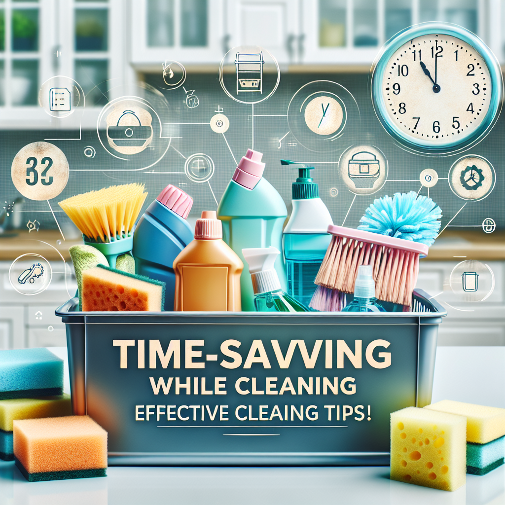 An organized cleaning caddy filled with cleaning supplies such as sponges, cleaning liquids, and brushes. The background features a clean and sparkling kitchen countertop with a clock displaying time, symbolizing time-saving. There's an overlay of text in bold, attractive font reading 'Time-Saving While Cleaning: Effective Cleaning Tips!' This prompt implies a sense of efficiency and effectiveness in cleaning, symbolizing the theme of the article.
