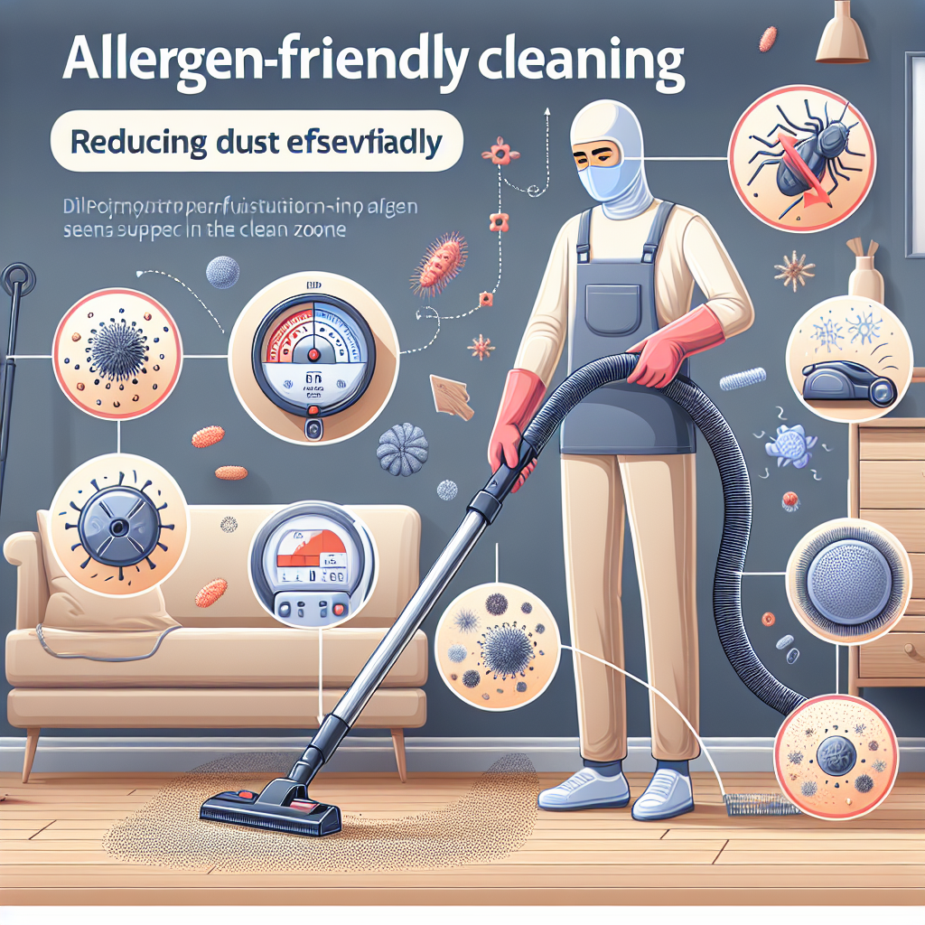 A visual guide to allergen-friendly cleaning: Reducing dust effortlessly. The image includes a person with Middle-Eastern descent wearing a protective mask and gloves, using a high-performance vacuum cleaner on a hardwood floor; micro-illustrations of the dust particles, mites, and allergens being sucked up; and a reduced allergen zone marking a cleaner, brighter area. Additionally, picture a measuring device that shows a drop in allergen levels in the clean zone. All elements are portrayed in a user-friendly and engaging infographic style.