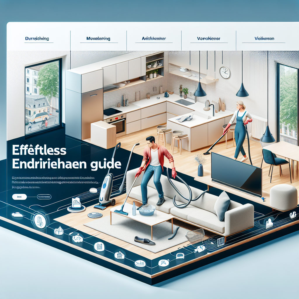 A comprehensive visual guide on effortless moving out cleaning in Munich, Germany. The image could consist of a bright and clean modern Munich apartment in the background, with the foreground showing two persons doing the cleaning task - a middle-aged Caucasian woman working on cleaning the spotless kitchen and a younger Middle-Eastern man vacuuming a pristine living room. Include visual aids such as labelled cleaning tools and 'before-and-after' visuals to emphasize the effectiveness of the guide. Finally, neatly superimpose the title 'Effortless Endreinigung Guide' over the image.