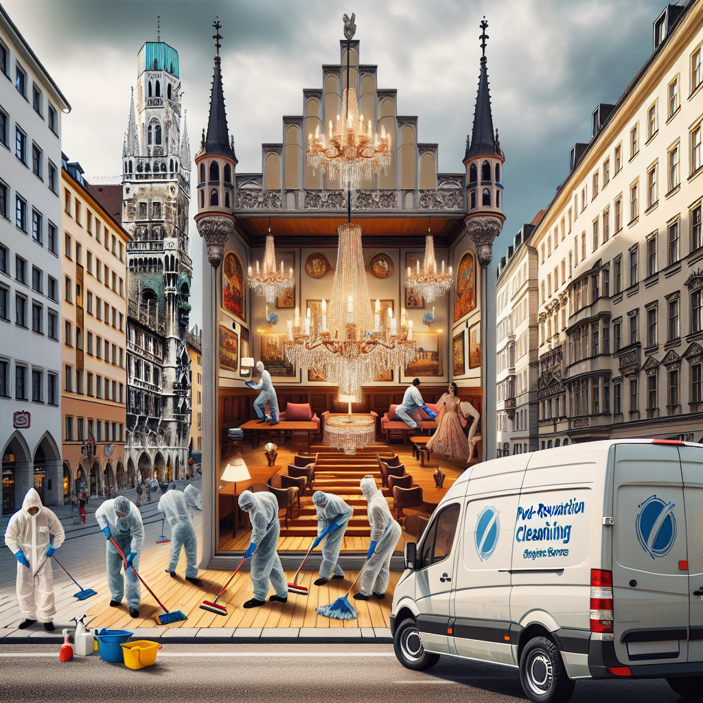A bustling cityscape of Munich, Germany with traditional architecture and modern buildings coexisting harmoniously. In the foreground, a multi-ethnic team of male and female cleaning professionals, wearing protective gear, is diligently at work. They're cleaning a freshly-renovated building, their hands skillfully maneuvering cleaning tools. Visualize scenes of their effortless tasks: dusting chandeliers, mopping the wooden floors, removing painter's tape, and polishing the newly-installed glass windows. The signage of their service van parked nearby reads: 'Post-Renovation Cleaning Services.'