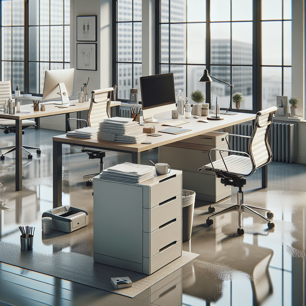 A detailed view of a neat and tidy office space in Munich, highlighting effective workplace hygiene. Envision clean desks with organized stacks of papers, freshly wiped multi-functional devices like computers and printers, immaculate office chairs, shining glass windows reflecting the daylight and clean flooring. The room has traces of being recently cleaned, symbolizing care and adherence to hygiene standards, with subtle accessories hinting at local Bavarian culture. Use neutral tones to evoke a professional ambiance.