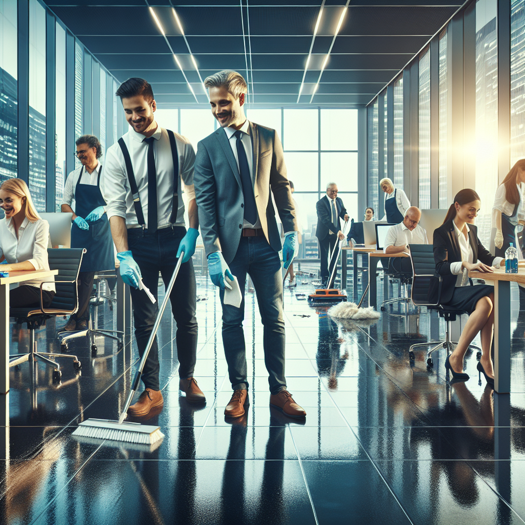 Visualize a bustling and vibrant corporate environment with various employees of different genders and descents. They are involved in their respective tasks and happy in their squeaky-clean surroundings. Focus on the shiny floors, spotless desks, and sparkling windows which reflect the professional image of the company. A janitorial service team, a balanced mix of Caucasian and Black male and female members, are working efficiently in the background, equipped with modern tools and cleaning equipment. They are diligently dusting, disinfecting, and ensuring the cleanliness of the workspace, showcasing the effectiveness of regular maintenance and commercial cleaning services.