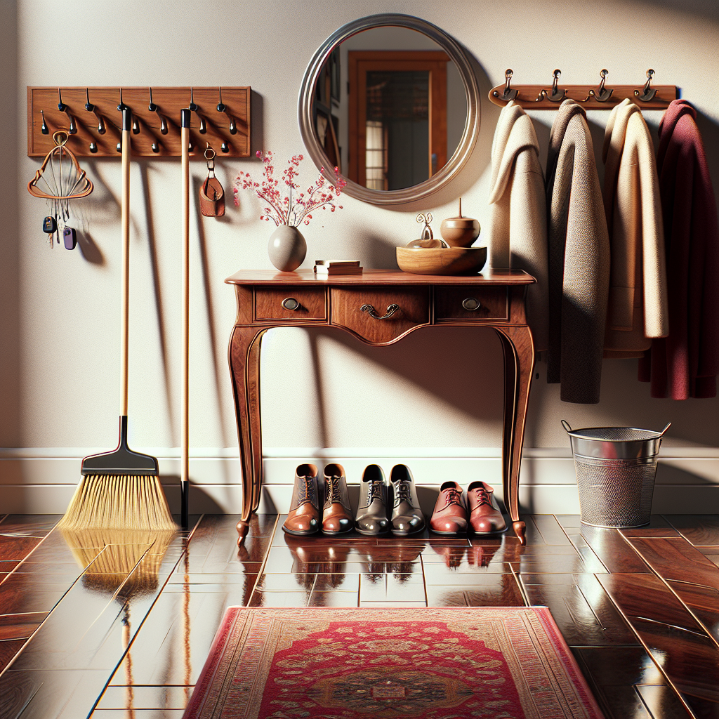 Depict a pristine and exceptionally organized home entrance or foyer. Imagine a clean floor reflecting light, coat hangers neatly aligned on a wooden stand, a couple of polished leather shoes next to a crimson colored rug, and an antique console table with a mirror above it. On the table, there is a small, ornamental bowl holding a set of car keys. It's the perfect blend of functionality and aesthetic, revealing meticulous effort put into maintaining cleanliness. Showcase a broom and a mop leaning against the wall, indicating recent cleaning activity.