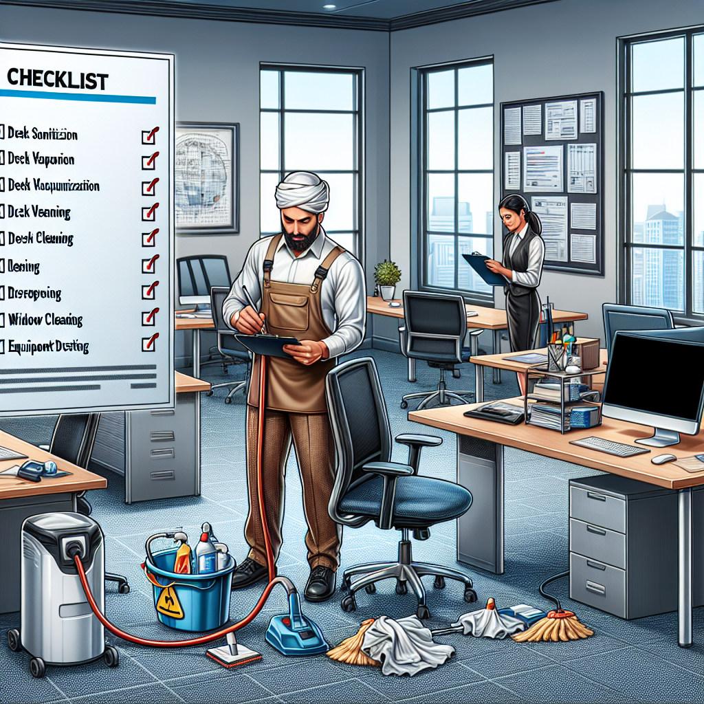Depict a detailed scene of an office cleaning process. Display a neat office room filled with standard office furniture such as tables, computers, chairs, and filing cabinets. A Middle-Eastern man equipped with cleaning tools and wearing appropriate attire is meticulously cleaning the workstation. A Hispanic woman with a checklist in hand is overseeing the process, marking off items as they are completed. In the corner of the image, incorporate an enlarged, visual interpretation of the checklist to reveal items like 'desk sanitization', 'carpet vacuuming', 'window cleaning', and 'equipment dusting'. The overall atmosphere should exude dedication and efficiency.