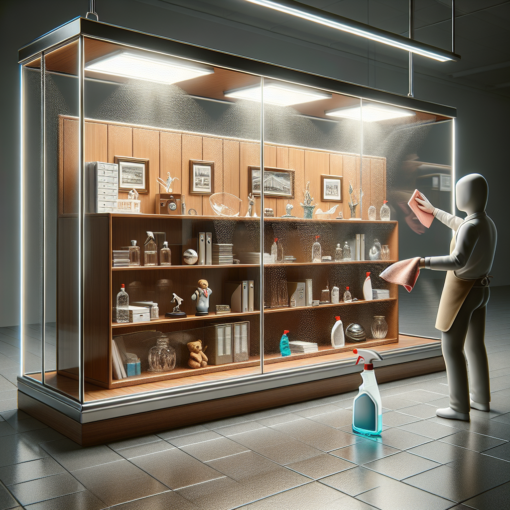 A professional office setup featuring a shiny, spotless glass showcase gleaming under the overhanging lights. The well-maintained showcase store meticulously arranged office supplies and memorabilia, showing no signs of smudges or streaks in sight. Differences in the texture and cleanliness of the glass become apparent as a cleaning staff, holding a bottle of glass cleaner and a soft cloth, attentively wipes the surface down with a fluid motion. The scene paints a step-by-step demonstration of practical and effective tips to achieve streak-free cleanliness in office environments.