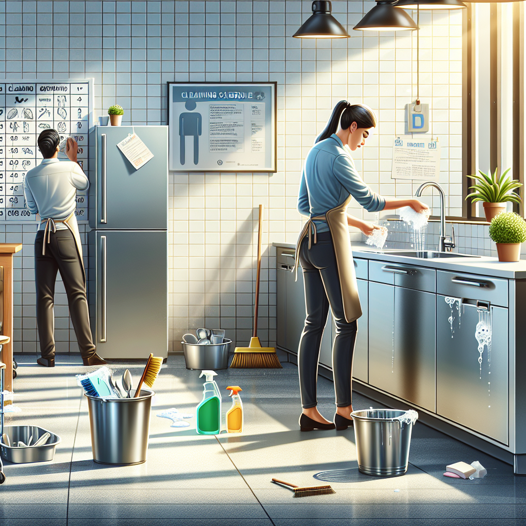 A scene of a spotlessly clean office kitchen with several elements to indicate cleanliness. On the left, a female employee of Middle-Eastern descent meticulously wipes down a stainless steel refrigerator with eco-friendly cleaning spray. On the right, a male colleague of South-Asian descent, who is washing dishes at the sink with soap bubbles around. A chart on the wall illustrating the cleaning schedule, standing broom, mop, and a dustbin filled with sorted waste. A reminder note on maintaining hygiene at the workplace is displayed on the bulletin board. Sunlight streams in, revealing the absolute cleanliness of the space.