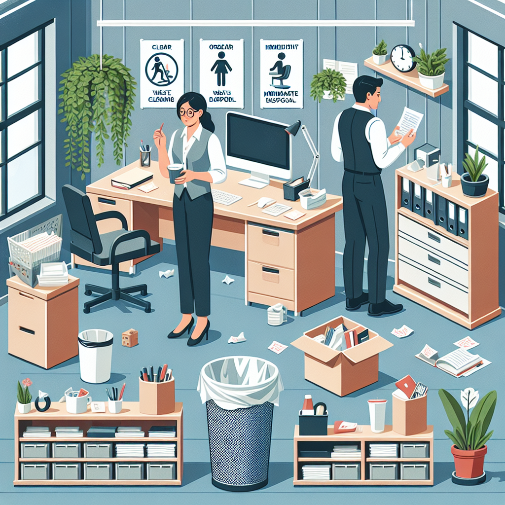 An organized, efficiently arranged office space. Include elements like a clear desktop with a computer, notepads, and pens efficiently arranged, a trash bin for waste disposal, a stocked supply cabinet, and some indoor plants for refreshing ambience. Around the room are posters with tips for maintaining cleanliness, such as regular decluttering, immediate waste disposal and routine cleaning. A middle-aged Caucasian woman in professional attire is responsibly disposing a used paper cup in the trash bin while a young South Asian man is neatly arranging stationery in the supply cabinet.