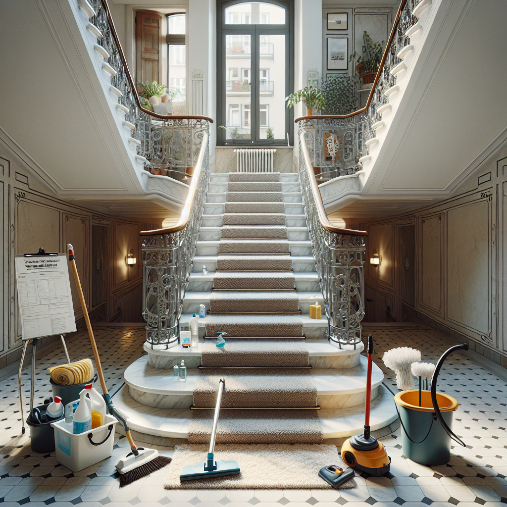 An impeccably clean and well-maintained apartment building staircase. The staircase has marble steps, an ornate iron railing and a cozy carpet runner down the middle. There are tools for cleaning visible on one side including a mop, bucket with disinfectant water, duster and a handheld vacuum cleaner. A checklist on a clipboard which includes the words 'Treppenhausreinigung' can be seen hanging on the wall. The air within the staircase appears fresh and the layout organized, representing a high level of hygiene and cleanliness. The natural light coming through the windows imparts an airy and bright ambiance.