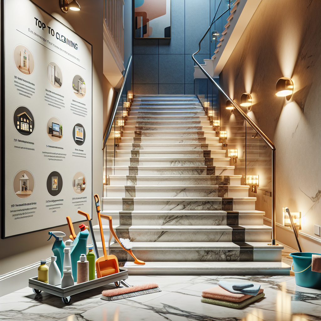A meticulously cleaned staircase in an apartment building showcasing the maximum cleanliness. Elements to highlight include shiny marble steps with no dirt or dust, stainless steel banisters free of smudges or fingerprints, well-lighted by warm wall sconces, and walls displaying a fresh coat of paint. In the scene, there's a cleaning caddy equipped with various cleaning supplies like sprays, microfiber cloths, mop and bucket on the side. An infographic detailing top tips for effective staircase cleaning hovers alongside the staircase in the image.