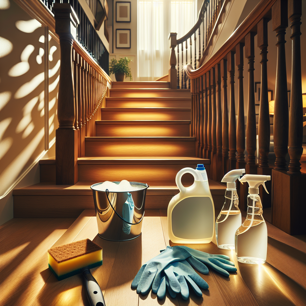 Capture a detailed image of a staircase with shiny, spotless wooden railings, reflecting a warm glow of cleanliness. A sponge and a half-filled bucket of soapy water are nearby on one of the steps. They're indicating an ongoing cleaning process. Spray bottles of organic cleaning solutions are standing ready for use. The attendance of light blue cotton gloves suggests safe and gentle care. The background includes a hallway leading to other rooms in this cozy home, decorated with subtle light patterns cast through the window panes. This perfectly encapsulates effortless care and upkeep of staircases.