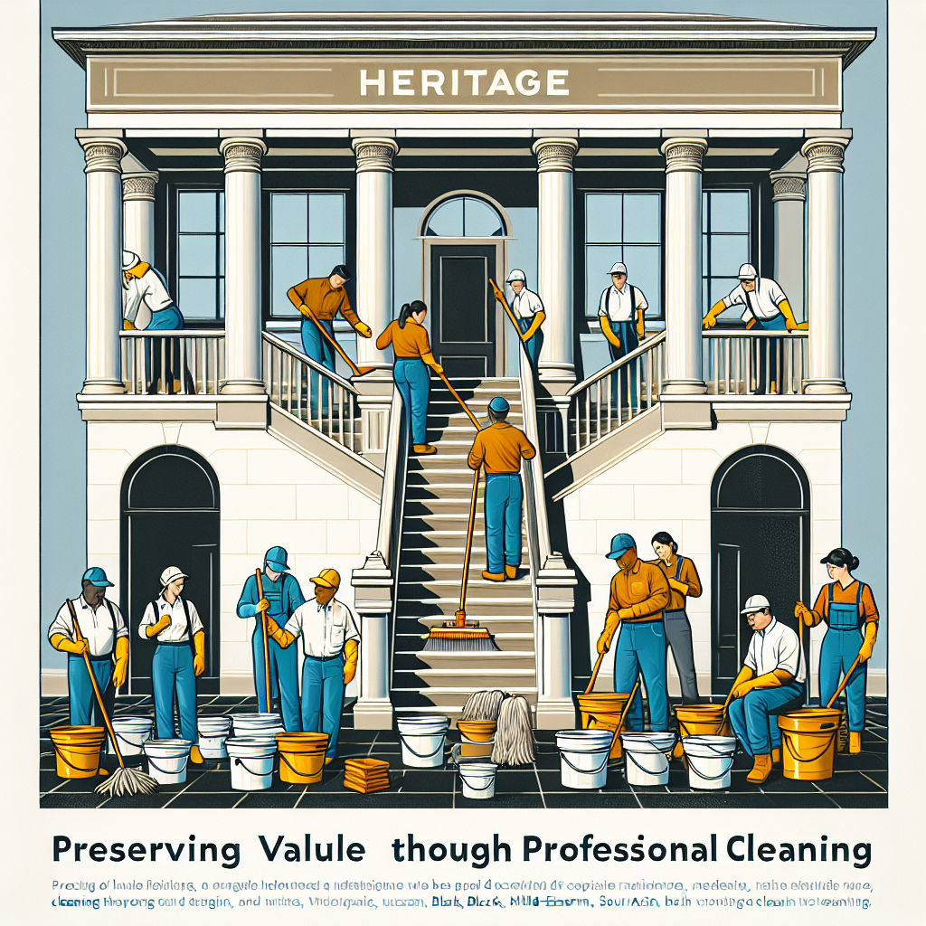 A depiction of a heritage building's staircase undergoing expert maintenance and cleaning. The staircase should be a grand one, likely found in an old, high-value real estate property. Workers who are hard at work should be diversified and inclusive in terms of genders and descents. Include a mix of Caucasian, Hispanic, Black, Middle-Eastern, and South Asian workers, both male and female. The atmosphere should hint at an organized and dedicated team, with buckets, mops, and other cleaning tools placed orderly. This scene should convey the message of preserving value through professional cleaning services.