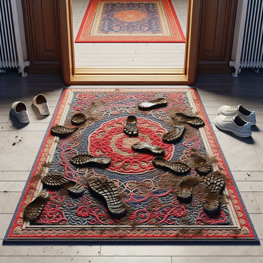 An effective and intricately designed dirt-trapping mat placed at the entrance of a modern house. The mat, in vibrant hues of red and blue, has complex patterns weaved onto it. Muddied footprints can be spotted on the mat, indicating its utility in keeping the indoors clean. A pair of clean shoes sit beside the mat, emphasizing the contrast. The entrance behind the mat showcases a pristine and elegant wooden door that leads to an inviting, warm interior space, demonstrating an impeccable balance between form and function.