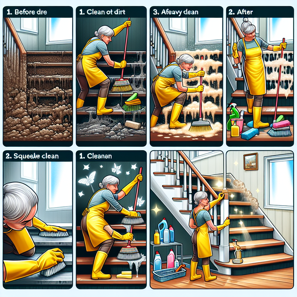 A picture illustrating the process of thoroughly cleaning heavy dirt from a staircase. The image emphasizes the before and after metamorphosis of a staircase covered in muck and grime initially, to the staircase shining squeaky clean later on, using various powerful cleaning utensils like brooms, scrub brushes, and cleaning agents. A middle-aged Caucasian woman wearing yellow rubber gloves is shown in the process, focused on the task. Illuminating the image is a set of useful tips, presented as friendly advice floating around in elegant texts.