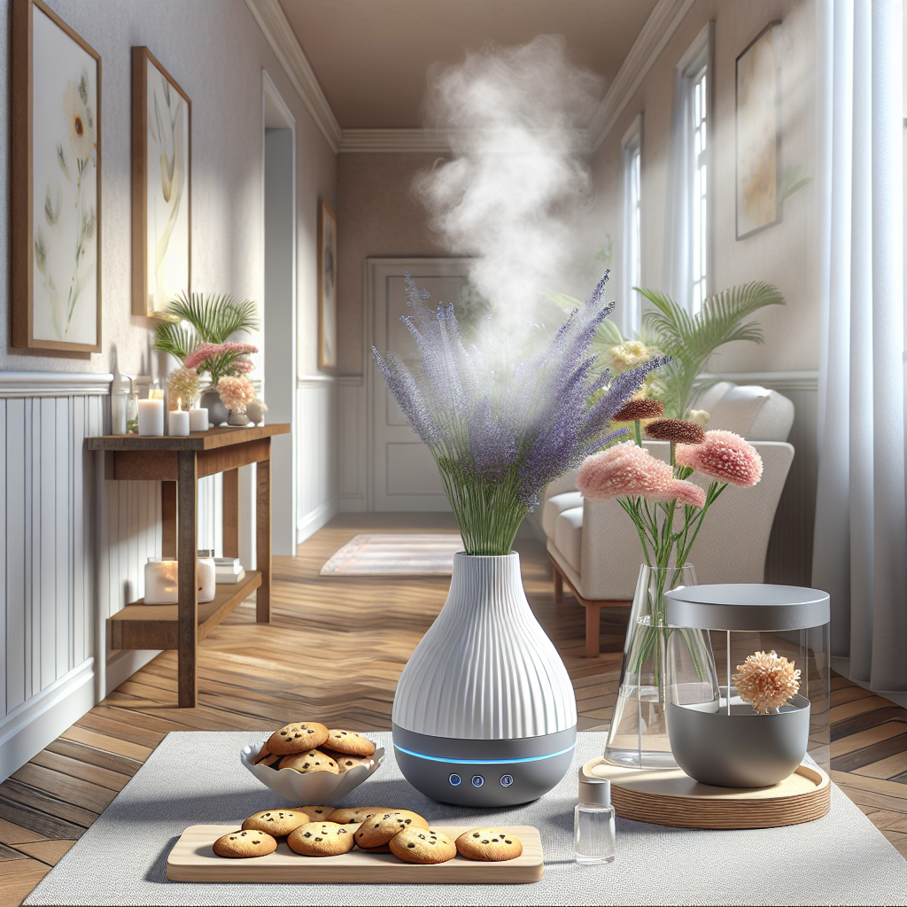 Create an image that portrays effective solutions for removing unpleasant odors in a hallway. The scene should display a home hallway, clean and well-maintained, with fresh breeze flowing. Include a variety of odor elimination strategies, such as freshly baked cookies on a table, fragrant flowers in the vase, and a modern, aesthetically pleasing diffuser releasing aromatic mist. The image should evoke a sense of freshness and cleanliness, making viewers immediately think of a pleasantly scented, welcoming home space.