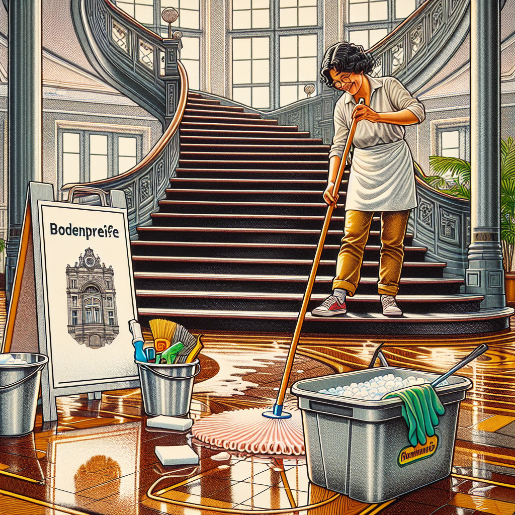 An illustration of an elegantly styled staircase in a multistory building, its steps made from glossy, pristine stein flooring. A person of Hispanic descent, wearing comfortable casual clothing and holding a long-handled mop, is gently cleaning the floor. Around them, there are buckets filled with soapy water and cleaning materials like scrub brushes and microfiber cloths. Nearby is a sign displaying the words 'Bodenpflege' (floor care in English), placed prominently to signify the focus on floor maintenance. The image radiates a welcoming warmth with a charmingly old-world aesthetic.