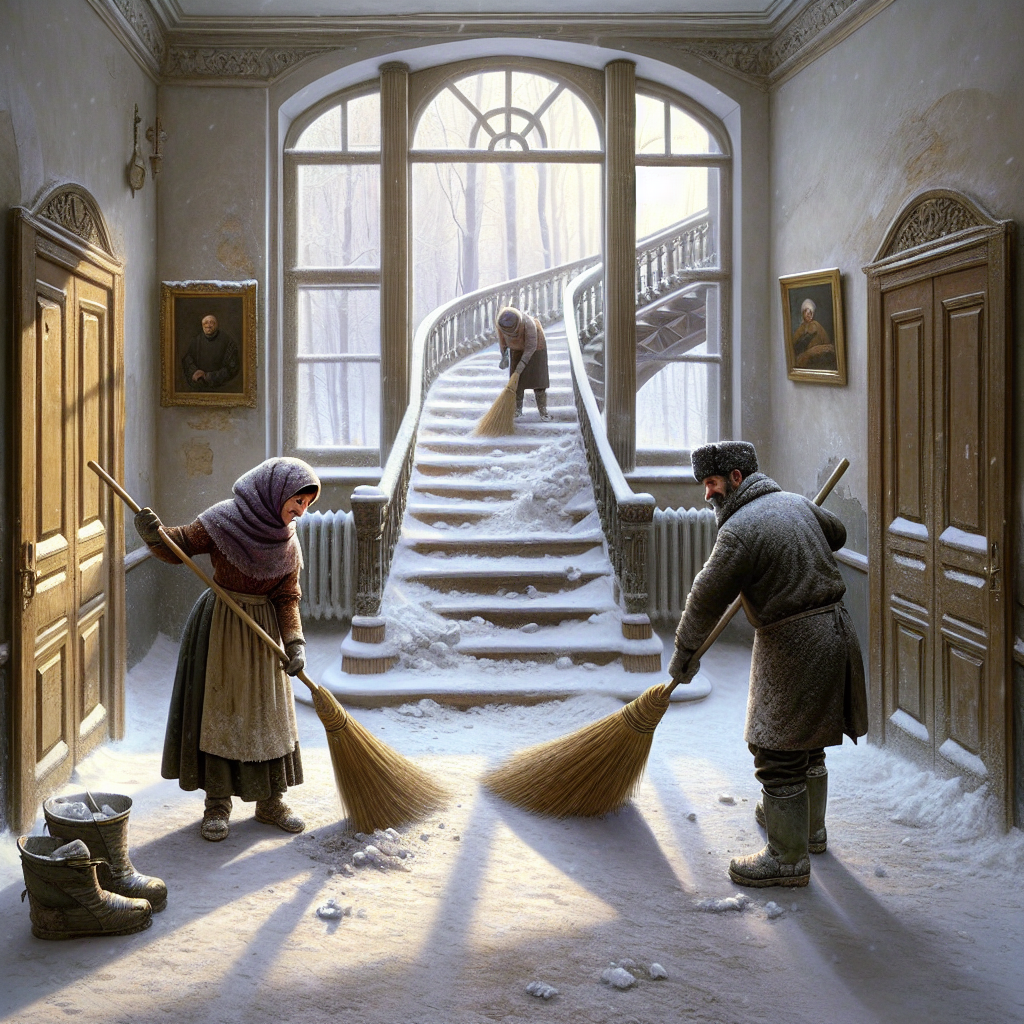 Imagine a snowy winter scene where a Middle-Eastern woman and a Hispanic man are tidying up a historic corridor in a building. They are using wide straw brooms to clear the snow and mud brought in from the outside. Their worn boots and collections of snow gear imply continuous, laborious work, but their faces are at ease, showing the simplicity of their task. Frosted windows let in a pale light that casts long shadows along the floor and stairs. The staircase in the background spirals upwards, disappearing into the higher floors of the complex. Old oil paintings are observing the scene from the walls.