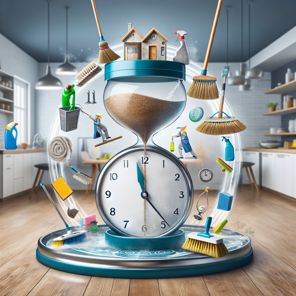 A conceptual image representing time-saving cleaning techniques. This could include a clock with brooms replacing the hands, a stopwatch being swept clean with a small broom, or an hourglass where the top half contains dust and grime and the bottom half is pristine. Also, showcase various cleaning tools like mops, brushes, and sprays, each one demonstrating a different effective cleaning tip. The setting could be a typical home environment with different rooms, such as a kitchen, bathroom, and living room that are all sparkling clean.