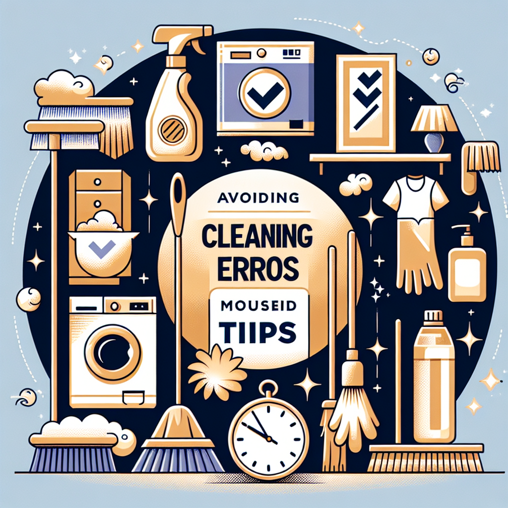 Visualize a well-organized scene representing an article about avoiding cleaning errors: seven must-have household tips. The image includes seven symbolic icons, each one uniquely representing a different tip. Image one, an antibacterial spray pointed towards a surface. Image two, a broom and dustpan hinting at regular sweeping. Image three, a depiction of a washing machine, signifying the need for proper laundry management. Image four, a feather duster dusting a bookshelf, illustrating dust management. Image five, a microfiber cloth cleaning a mirror, symbolizing glass cleaning recommendation. Image six, a pair of gloves and a scrub brush for deep cleaning. Lastly, image number seven, a timer, suggesting efficient time management for cleaning tasks.