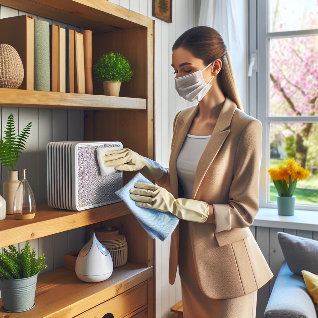 An high-resolution, relevant image featuring a Caucasian woman neatly dressed, wearing gloves, delicately dusting off a wooden shelf with a microfiber dust cloth. The room's air purifier is visibly in operation, working to reduce airborne particles. Various houseplants that are known to improve air quality are positioned around the room. An open window reveals a spring day outside where flowers are blooming, symbolizing the presence of pollen. All elements in the scene are conveyed as allergen-friendly.