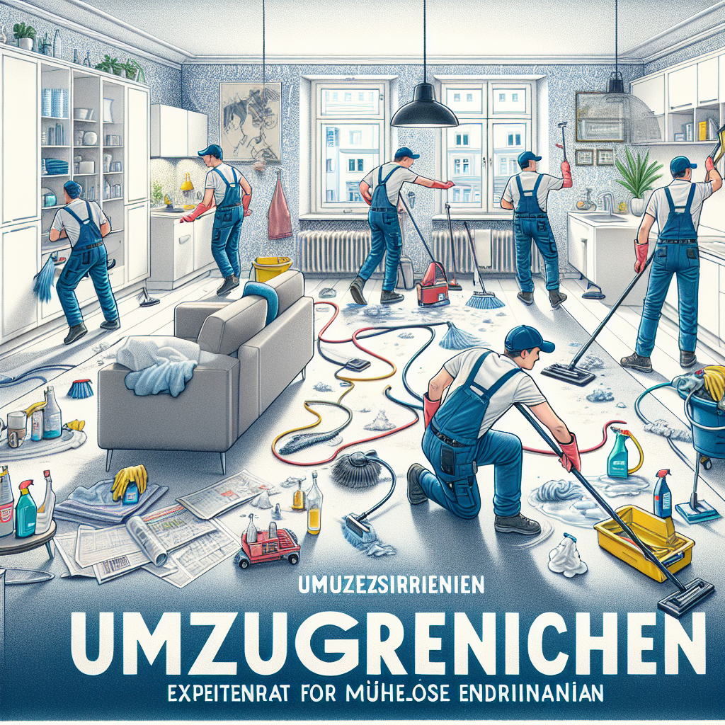 An informative illustration featuring an expert cleaning team in action during an 'Umzugsreinigung' (moving-out cleaning) operation in a Munich apartment. The team is highly organized and wears professional uniforms. They're using various cleaning tools and equipment to provide an effortless 'Endreinigung' (final cleanup). The scene carries a vibe of efficiency and attention to detail, with an emphasis on the cleanliness of the apartment following their work. A text overlay in German says: 'Umzugsreinigung München: Expertenrat für mühelose Endreinigung'.