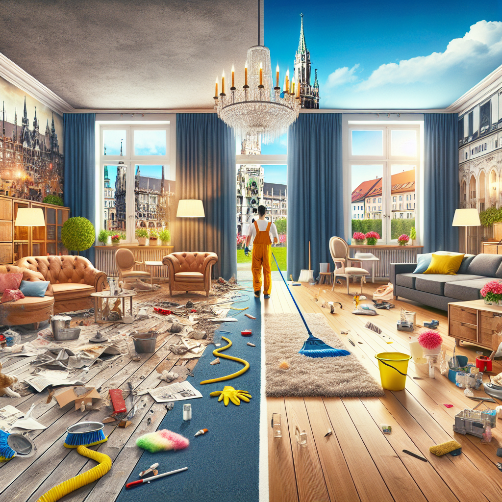 Imagine a vibrant scene in Munich showcasing the transformative effects of an efficient post-renovation clean-up. Picture a room recently renovated, with elements like new hardwood floors, fresh paint on the walls, plush furniture placements, and modern light fixtures. On the left, visualize the chaos and clutter post-renovation - debris on the floor, paint splashes, dusty surfaces and tools scattered around. On the right, the results of a meticulous clean-up operation can be seen - sparkling floor, spotless walls, and neatly arranged furniture. The dividing line is a hardworking cleaner holding eco-friendly cleaning tools, dramatically standing in the split between the disarray and tidiness.