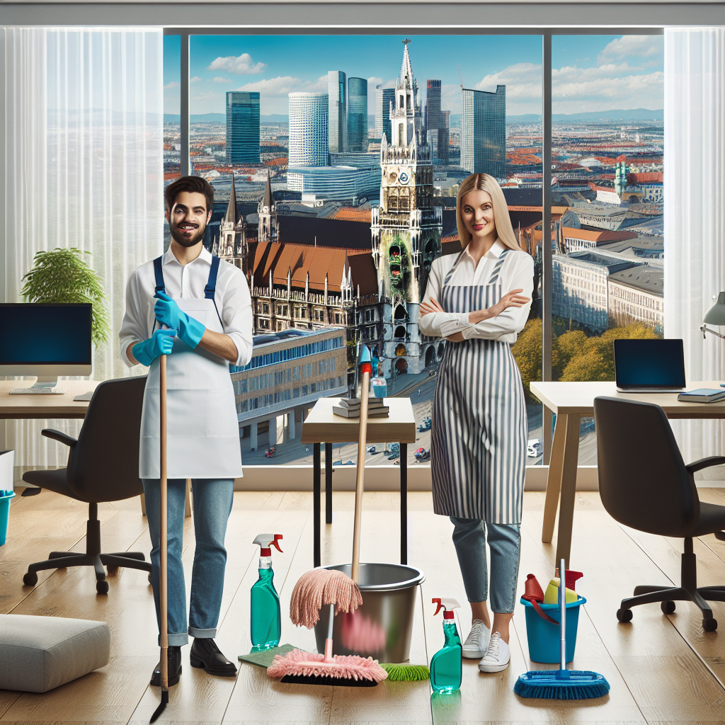 A high-resolution image reflecting the context of effective office cleaning services in Munich. Display a well-organized, clean workspace with cleanliness tools such as brooms, mops, cleaning spray bottles with a backdrop of the Munich's cityscape. Include cleaners - a Caucasian woman and a Middle-Eastern man, working together, wearing standard uniform and safety gloves, demonstrating the hygiene practices maintained by these services.
