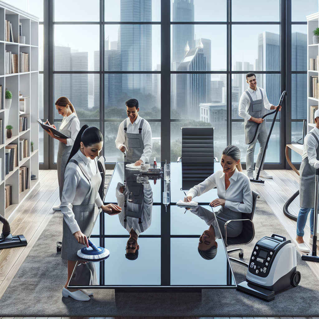 A business setting where several professional cleaners are at work. In the foreground, a female cleaner of Black descent is diligently polishing a glass conference table, making it shine with reflection. Meanwhile, a Middle-Eastern male cleaner is vacuuming the carpet with a high-tech vacuum cleaner. On one side, a South Asian female cleaner is dusting off a bookshelf full of business books. In the background, a white male cleaner is washing large panoramic windows overlooking a cityscape. Across the room, a Hispanic female staff member is smiling at the cleanliness of her workspace. The room has a fresh and organized look, epitomizing the benefits of maintenance cleaning for businesses.