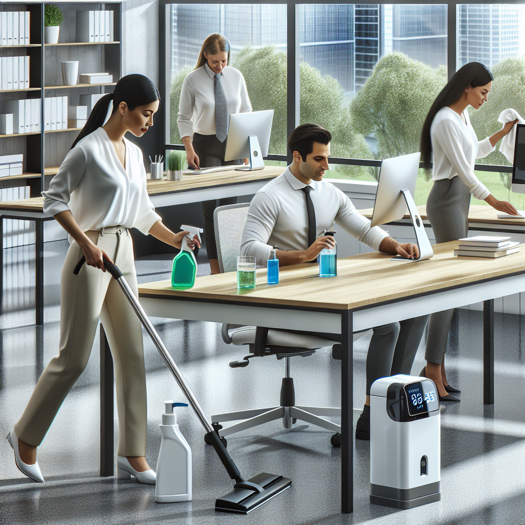 An office setting with immaculate cleanliness. Visually represent a variety of hygiene solutions. These include a woman of Hispanic descent efficiently cleaning a table with eco-friendly products, a man of Middle-Eastern descent using a high-tech vacuum cleaner for the carpet, and a South-Asian woman refilling an automated hand sanitizer dispenser. The locale is bright and modern, with clean desks, tidy stacks of papers, and shiny, streak-free windows. The whole scene exudes a sense of effortless hygiene maintenance.