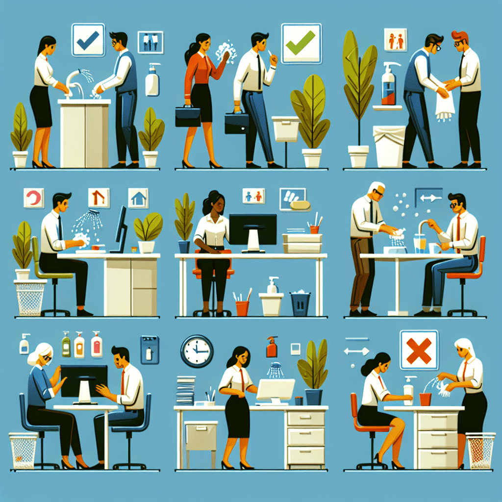 An office scene where the staff members are engaging in efficient hygiene practices to save costs associated with office cleaning. Details may include workers washing their hands thoroughly, using hand sanitizers and cleaning their workstations, avoiding unnecessary clutter, disposing trash properly, etc. Feature a multi-racial group of colleagues, both male and female, working harmoniously towards a clean and efficient work environment. Use vibrant colors to emphasize activity and hygiene, while still maintaining a professional office setting.