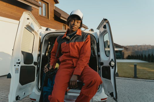 African female worker in orange jumpsuit sitting on a white van, outdoors.