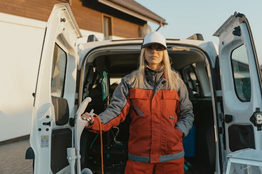 Female worker in uniform standing by a cleaning service van outdoors during the day.