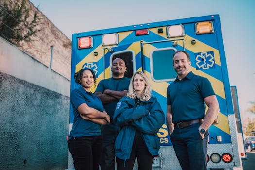 Paramedic team stands confidently in front of an ambulance, ready for emergencies.