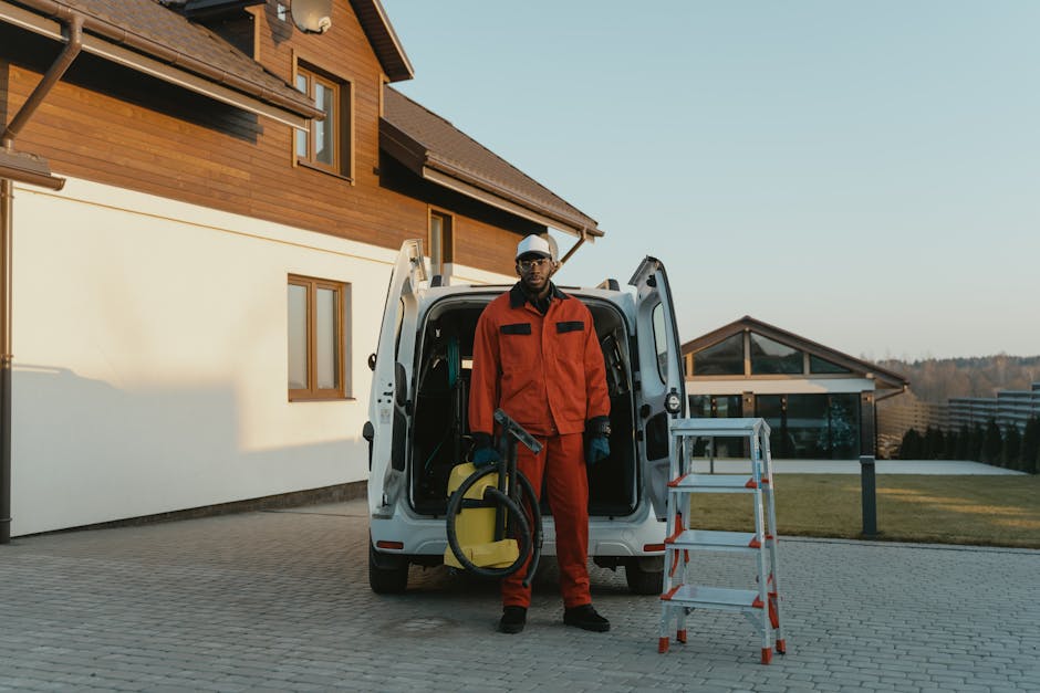 gebäudereinigung neuhausen - A male worker in red coveralls with a vacuum cleaner beside a van on a sunny day.